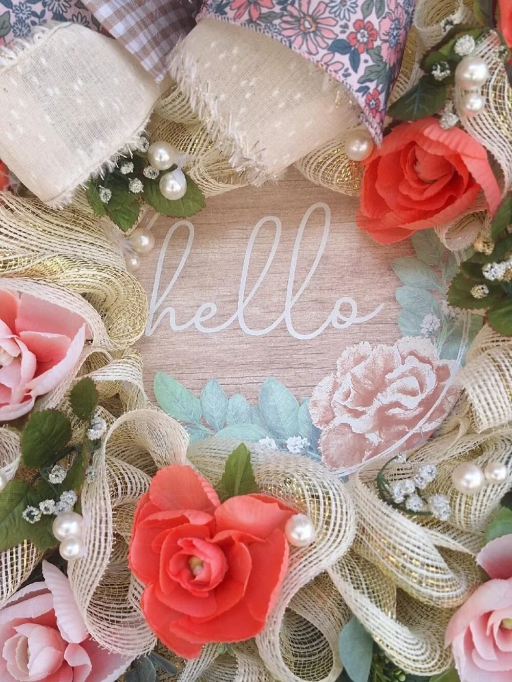 Handmade floral mesh ribbon wreath